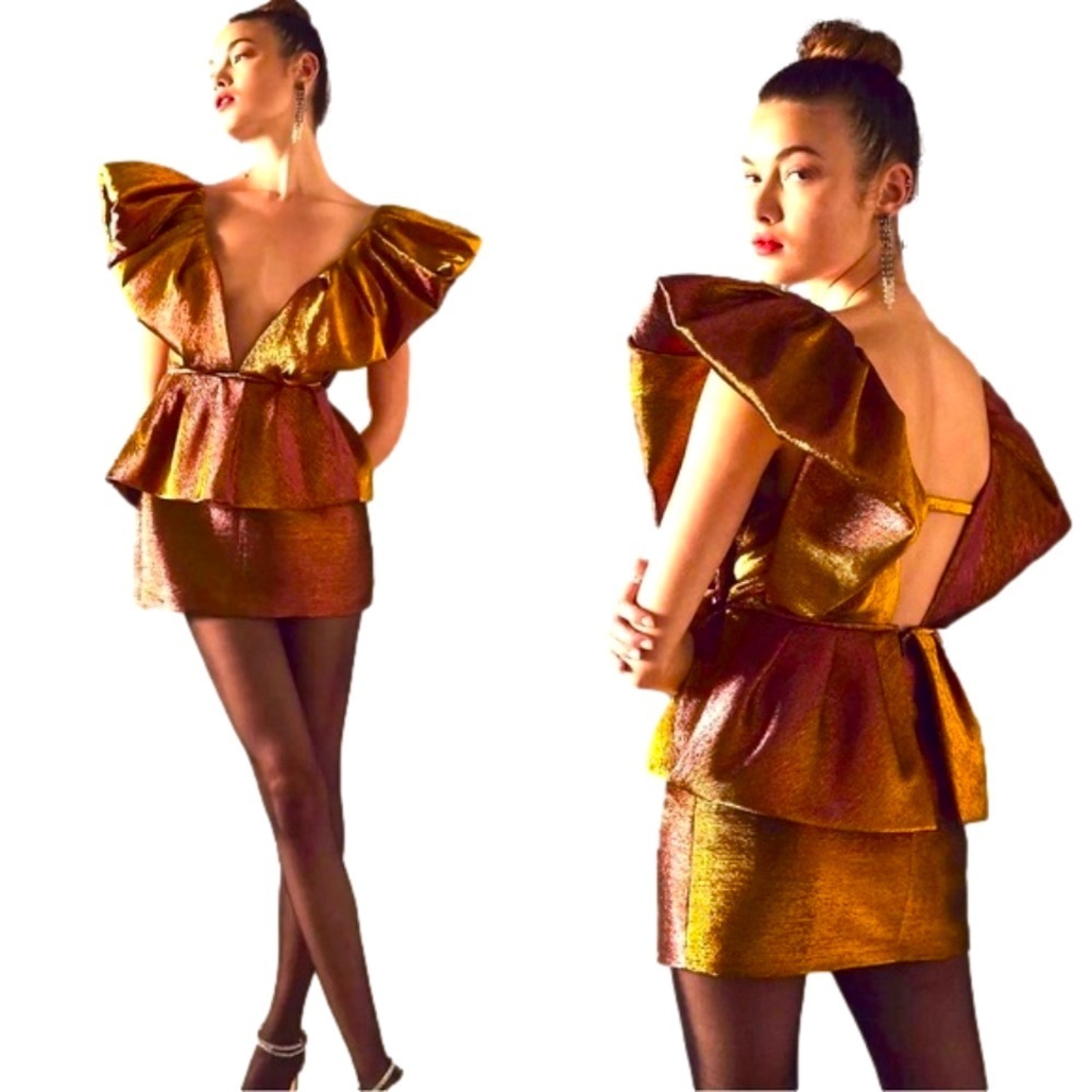 RONNY KOBO Calin Metallic Puffed Shoulders Iridescent Lame Tiered Mini Dress NWT - Picture 5 of 16